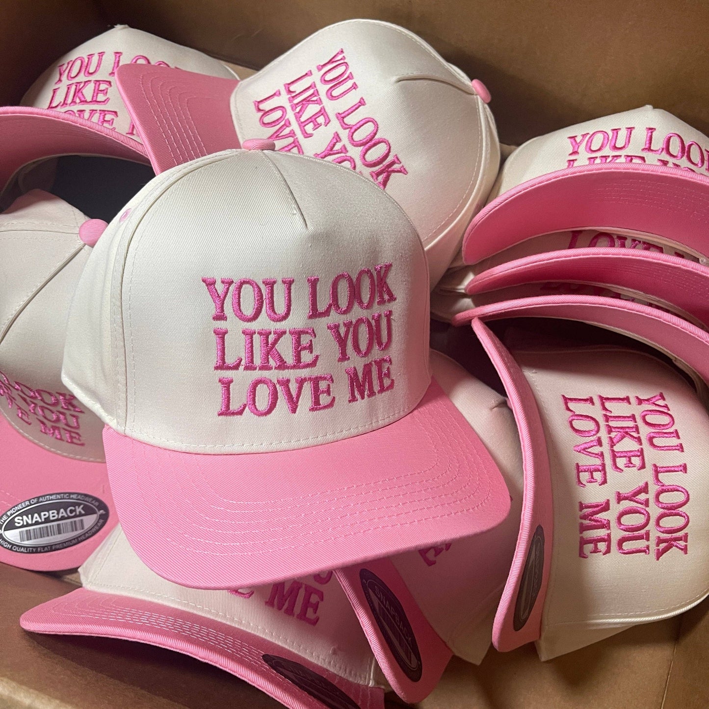 You Look Like You Love Me Roman BLOCK Trucker Hat | Pink/Tan