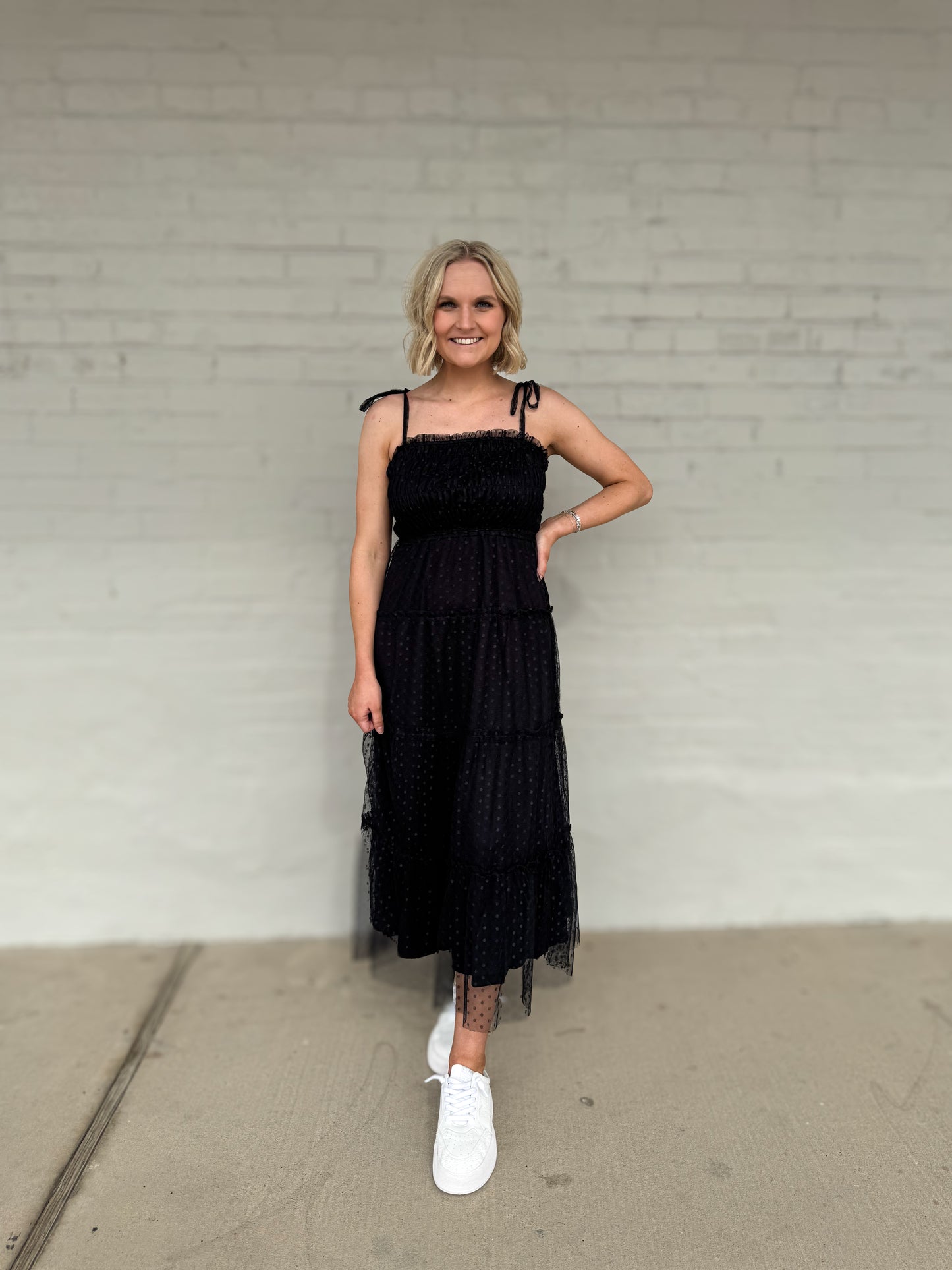 Black Smocked Mesh Midi Dress