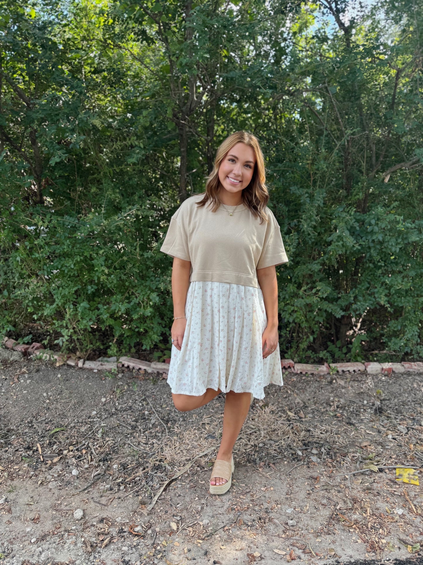 Taupe combo mixed media knit floral dress
