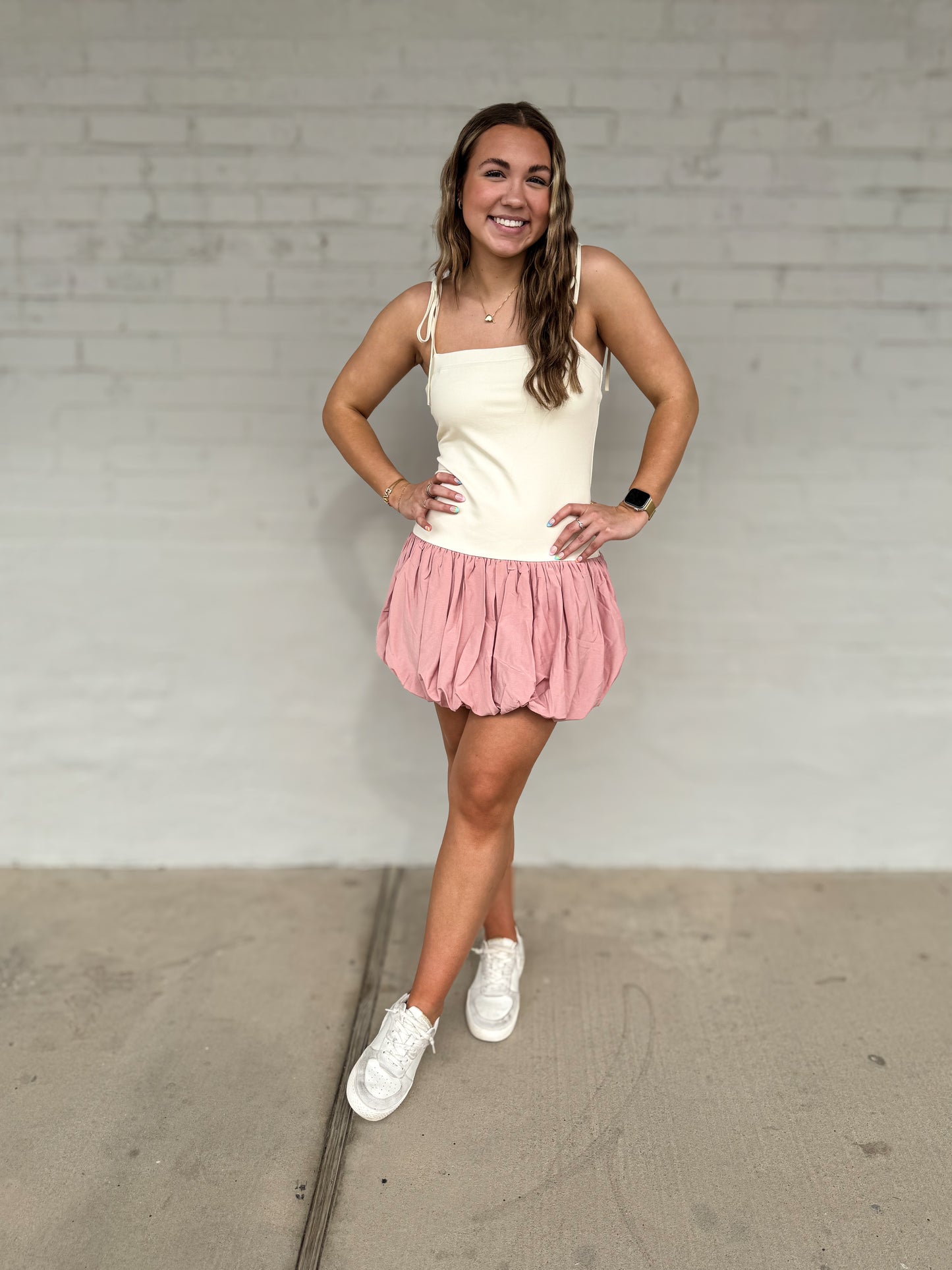 Cream/pink Square neck bubble hem mini dress