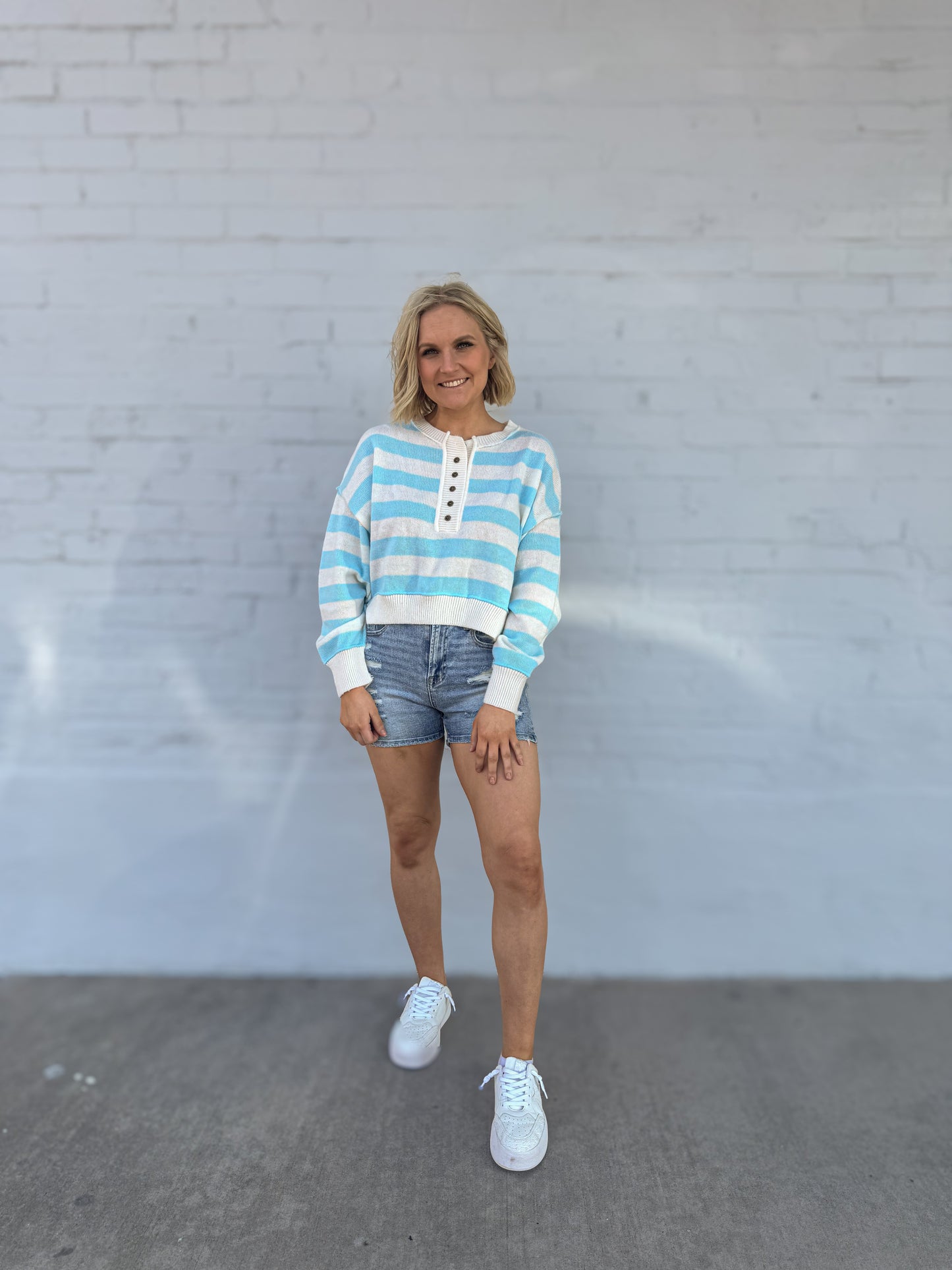 Stripe Front Button Oversized Sweater blue/white