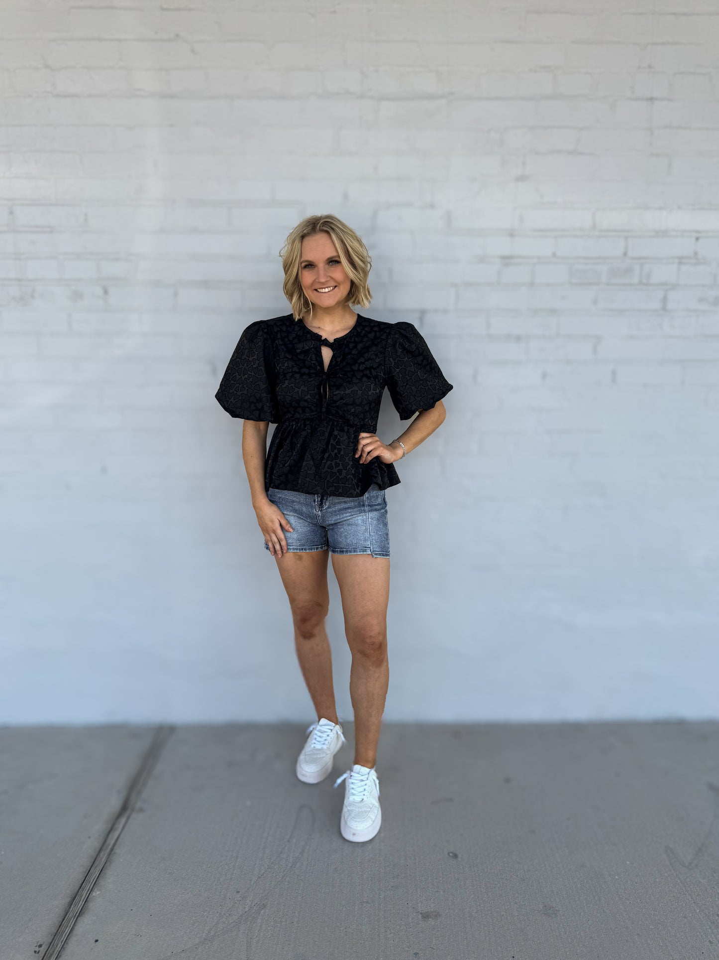Heart Tie Front baloon sleeve black top