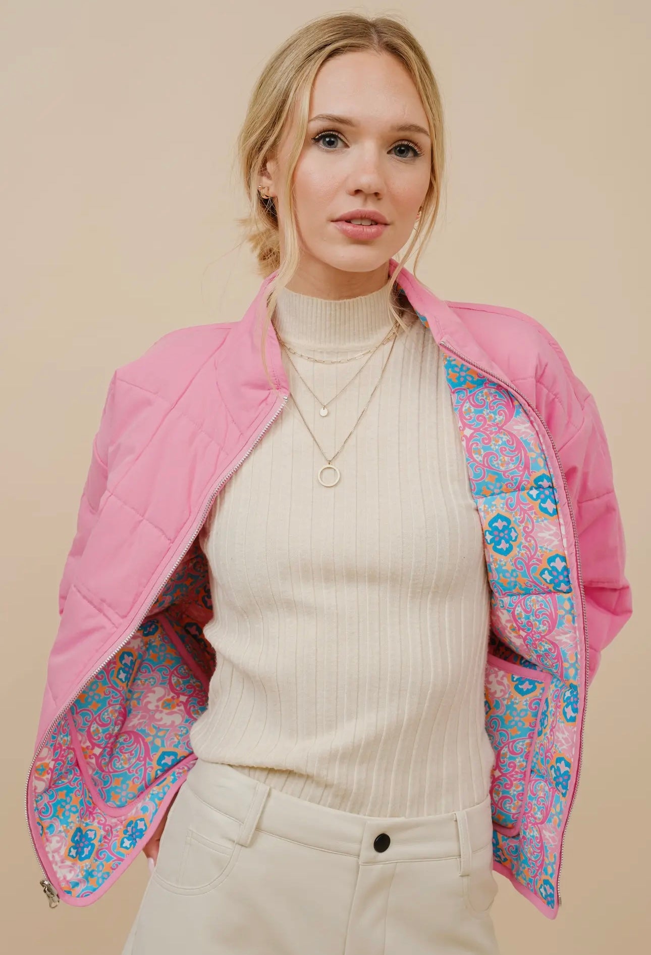 Rayon Challis Floral Reversible Quilted Jacket