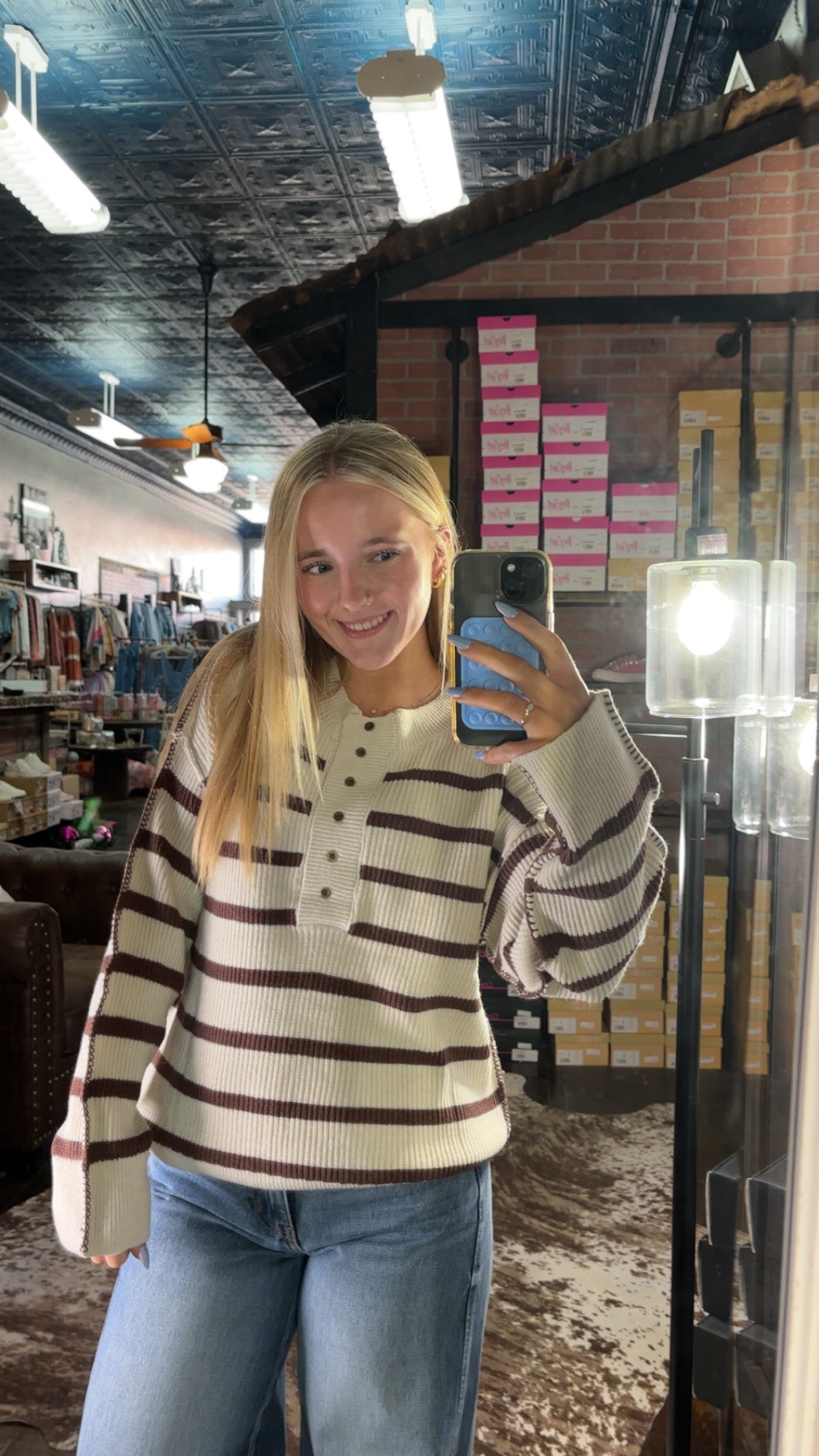 Brown Stripe Ribbed Henley Sweater