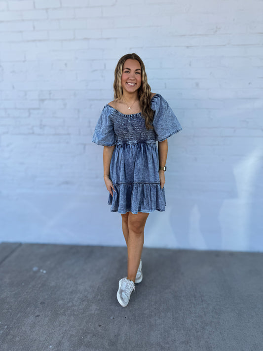 Light Wash Smocked Denim Dress