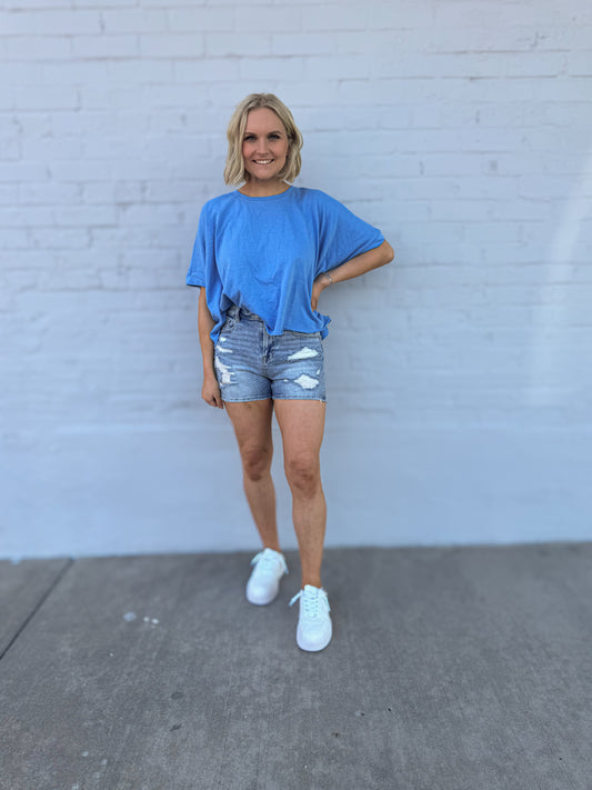 Blue Twist cuff boxy knit top Blue