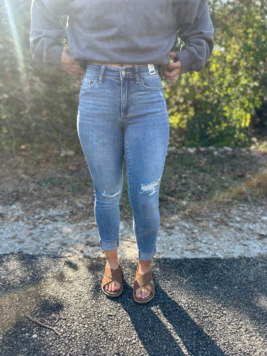 JB82528MD - Judy Blue Dark Wash Tummy Control Stretchy Wide Jeans