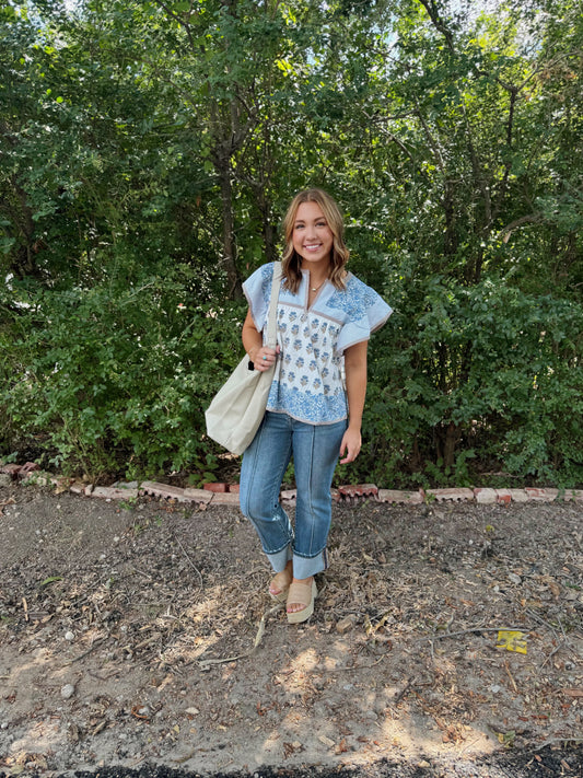 Ivory Blue Multi-print blouse