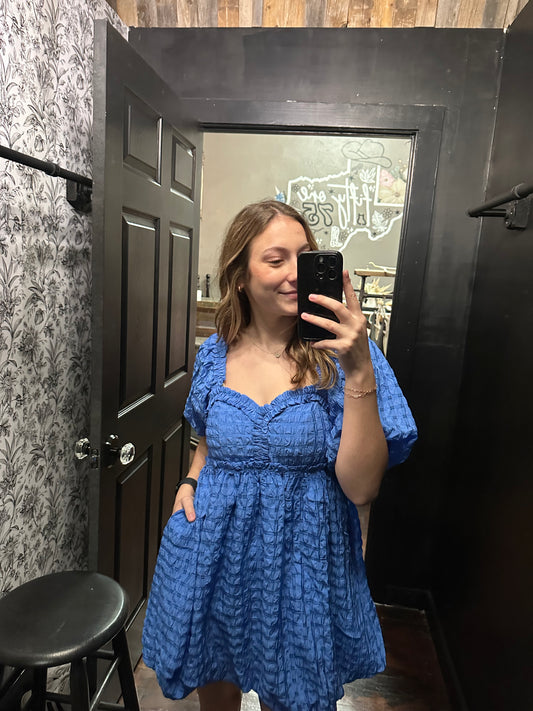 Puff Style gingham fabric ruffle dress