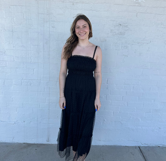 Black Smocked Mesh Midi Dress