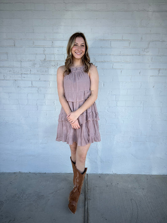 Textured Halter Neck Ruffle Dress