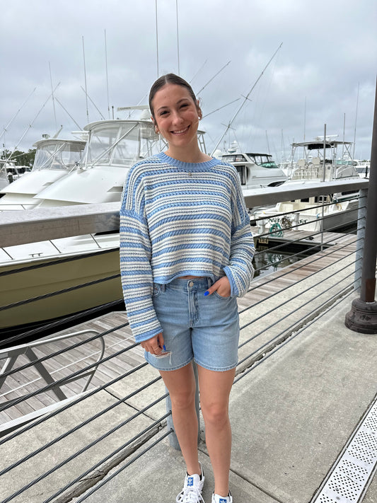 Crewneck Stripe Cropped Sweater ivory-vintage blue