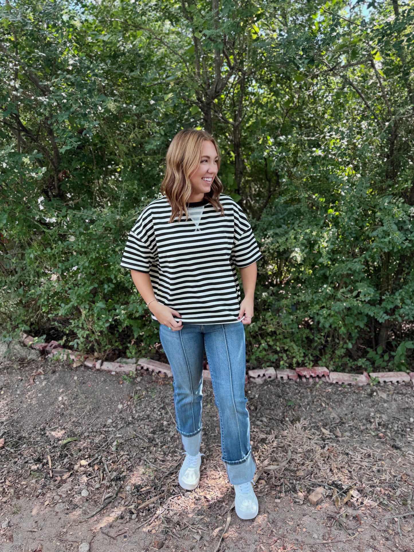 Black/cream striped french terry top