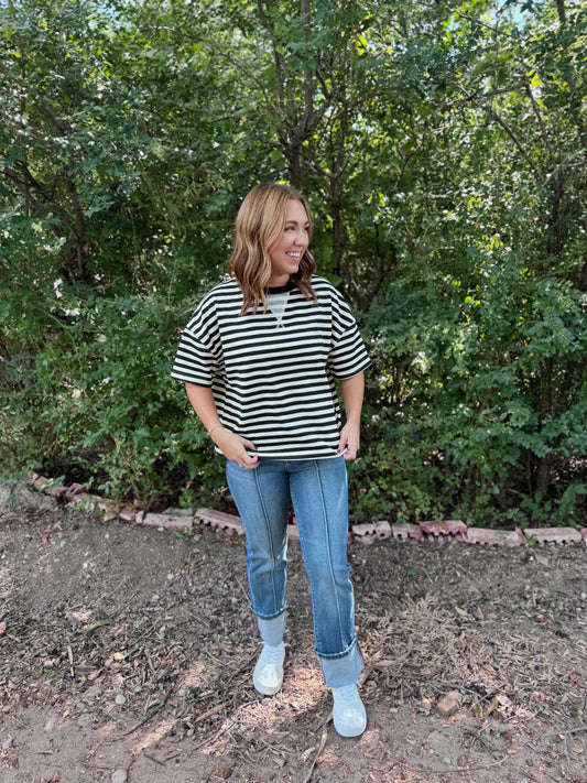 Black/cream striped french terry top