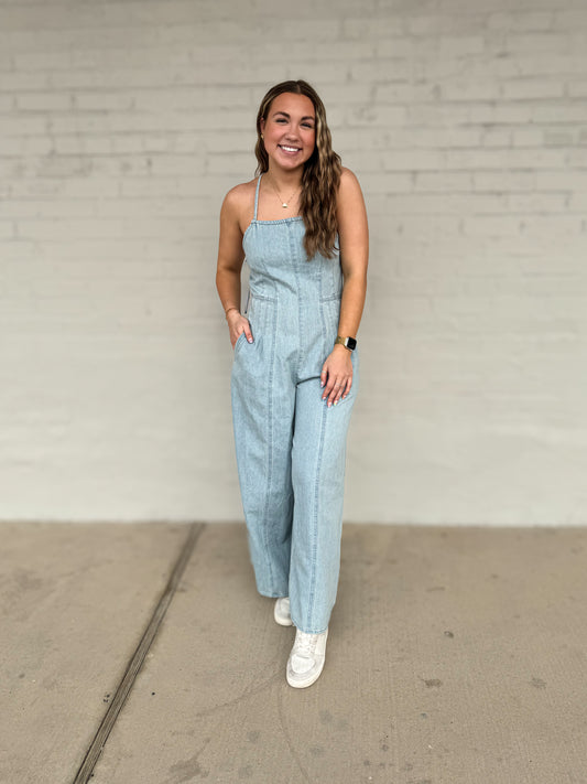 Square Neck Sleeveless Pleats detail denim