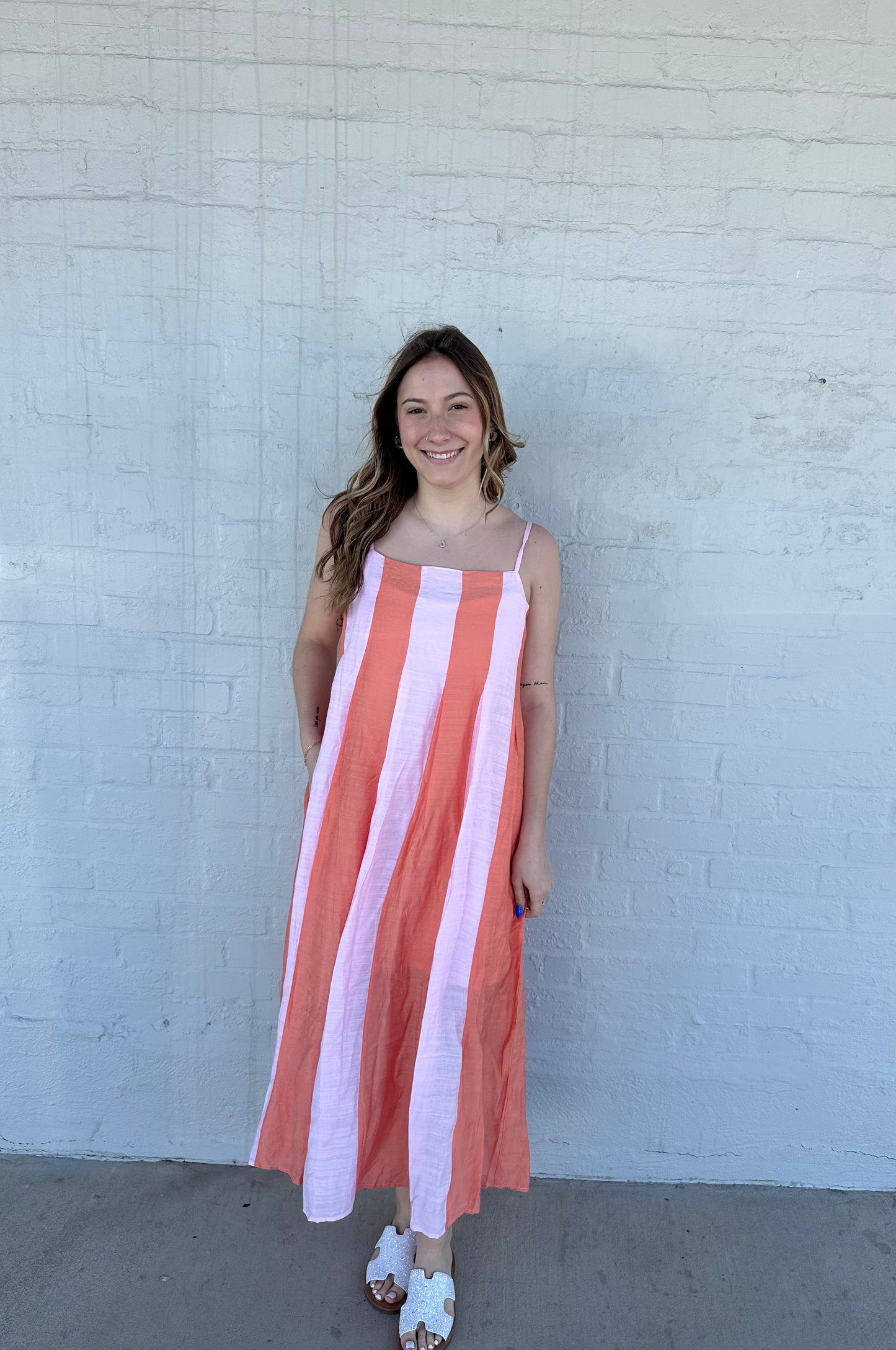 Coral Striped Midi Dress