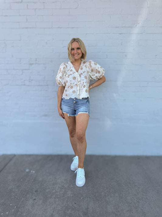 Metallic Embroidered Tie Front Scallop Hem Top
