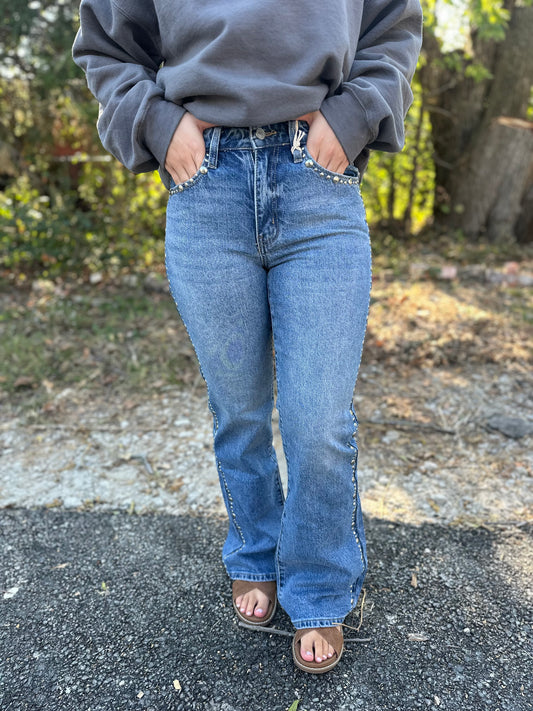 [KanCan] High Rise Medium Wash Wide Leg Flare Jeans with Stud Embellishment