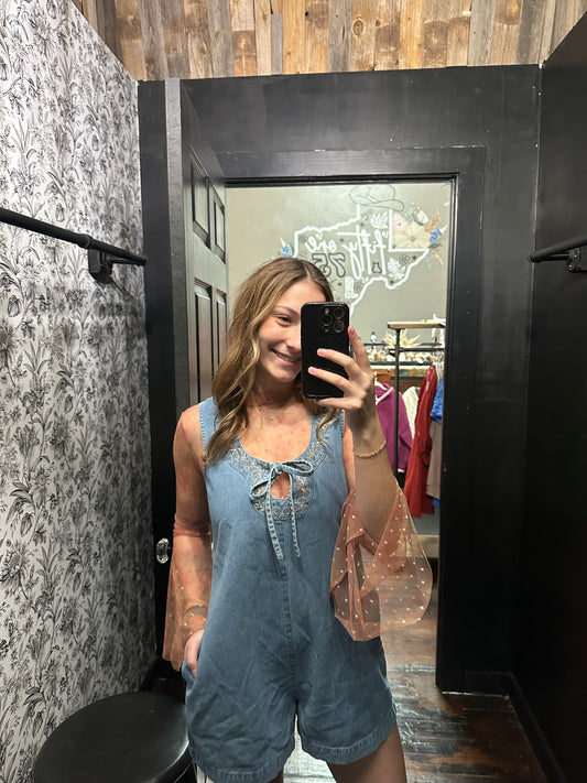 Tie Front Embroidered Denim Romper