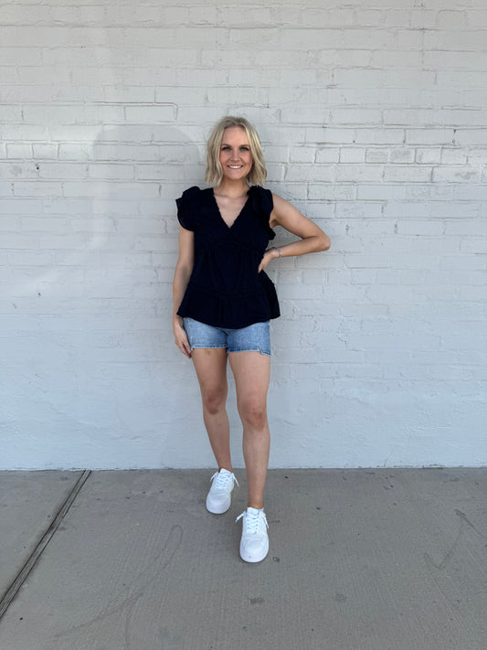 Textured Woven Navy V neck Blouse