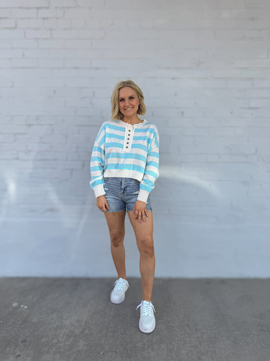 Stripe Front Button Oversized Sweater blue/white