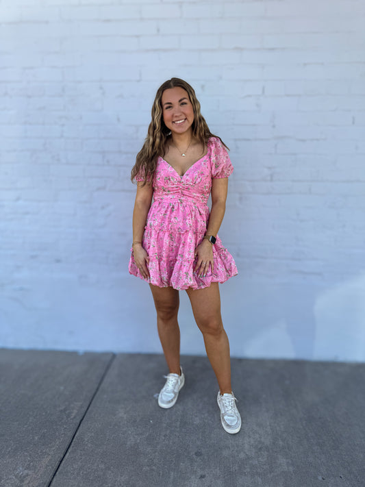 Floral Printed Front Button Mini Dress - pink