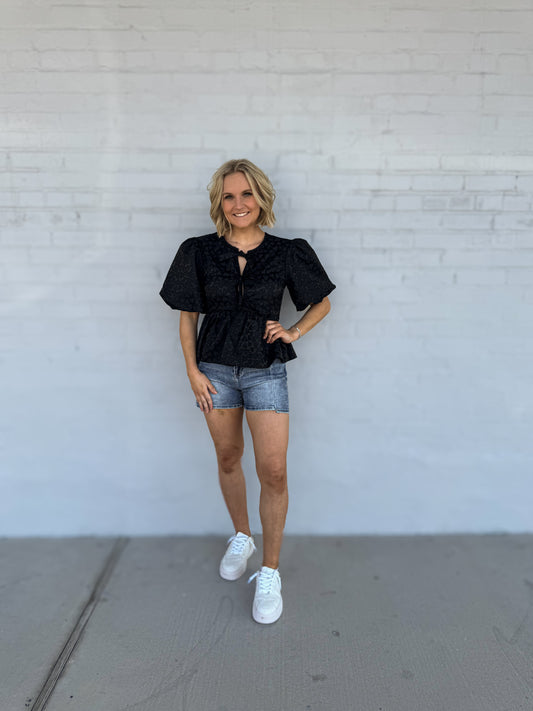 Heart Tie Front baloon sleeve black top