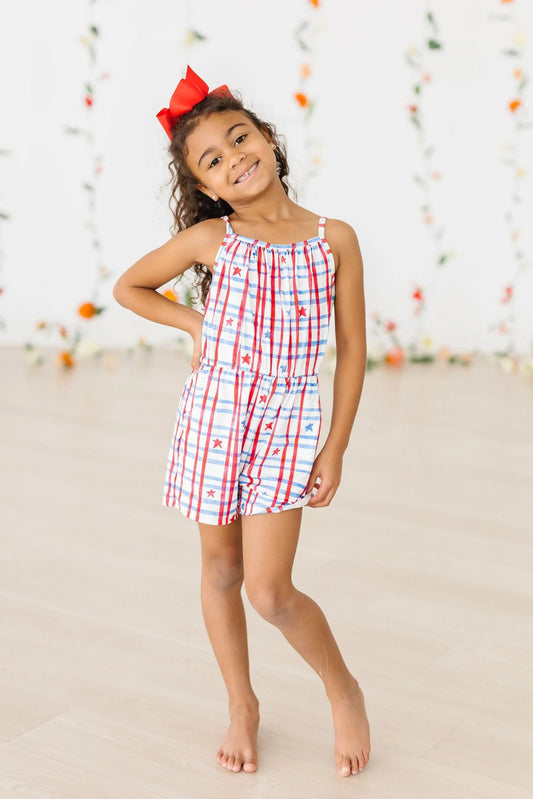 Patrioric Plaid Strappy Play romper