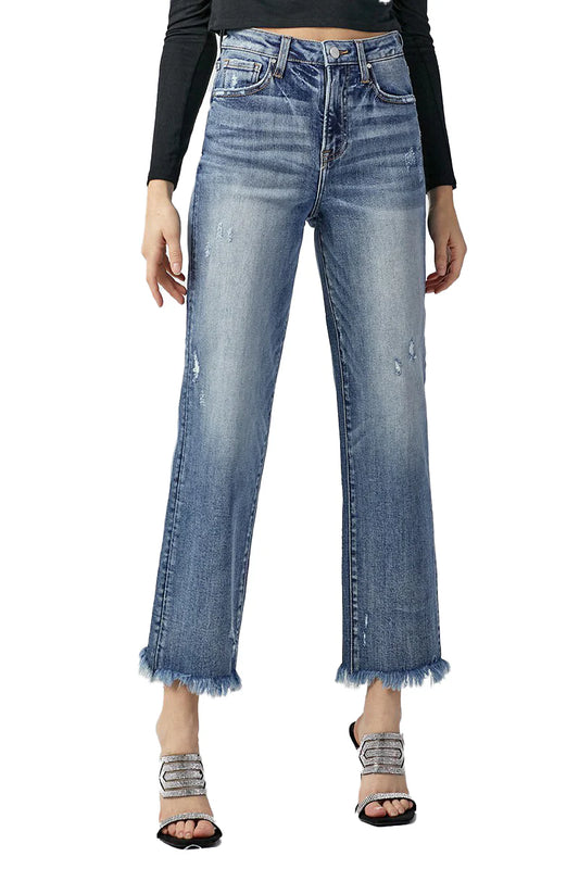 High Rise-Crop Straight-Frayed hem jeans